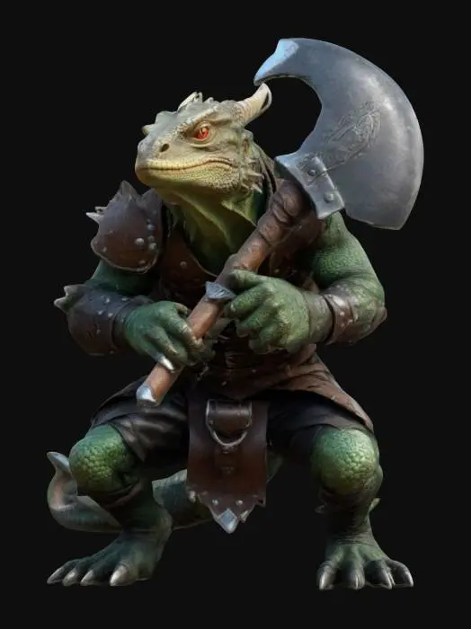 3D model for fantasy extremely detailed dragon lizard with orc warrior body in crouching position, in leather clothing with axe, in attack, extremely detailed, high resolution texture, epic stance