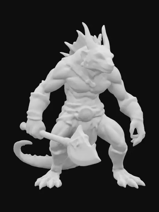 3D model for fantasy extremely detailed dragon lizard with orc warrior body in crouching position, in leather clothing with axe, in attack, extremely detailed, high resolution texture, epic stance
