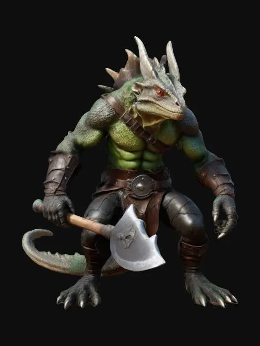3D model for fantasy extremely detailed dragon lizard with orc warrior body in crouching position, in leather clothing with axe, in attack, extremely detailed, high resolution texture, epic stance