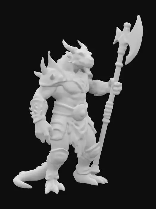 3D model for fantasy extremely detailed dragon lizard with orc warrior body in crouching position, in leather clothing with axe, in attack, extremely detailed, high resolution texture, epic stance