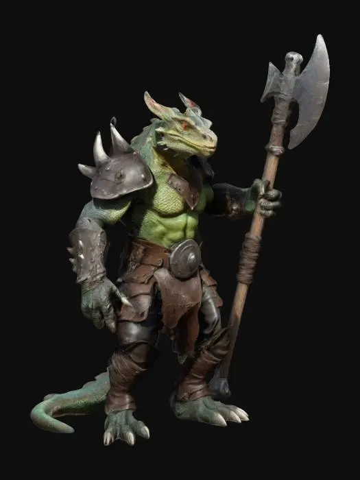 3D model for fantasy extremely detailed dragon lizard with orc warrior body in crouching position, in leather clothing with axe, in attack, extremely detailed, high resolution texture, epic stance