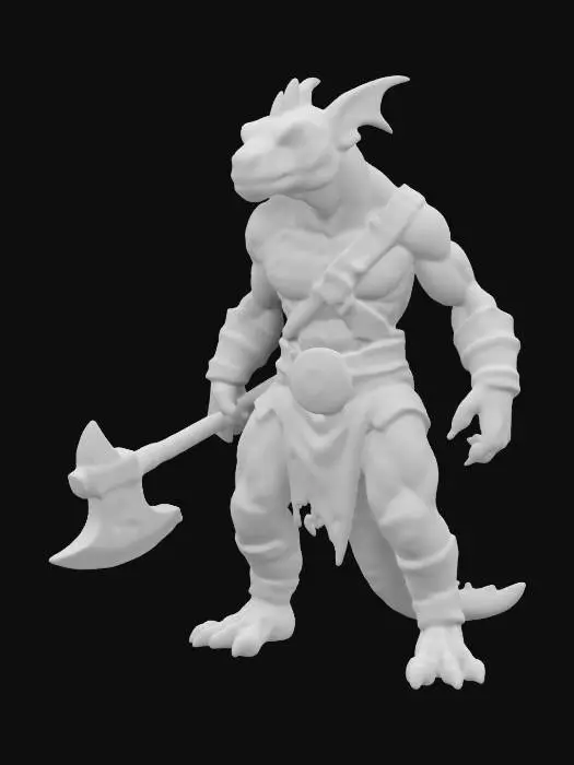 3D model for fantasy extremely detailed dragon lizard with orc warrior body in crouching position, in leather clothing with axe, in attack, extremely detailed, high resolution texture, epic stance