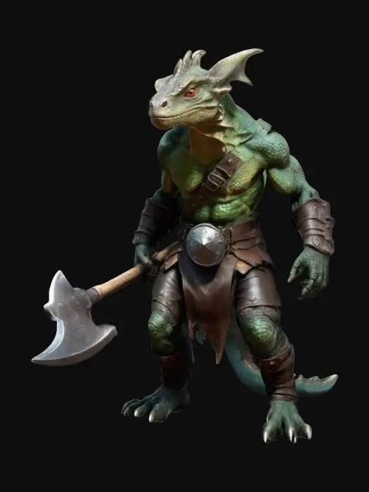 3D model for fantasy extremely detailed dragon lizard with orc warrior body in crouching position, in leather clothing with axe, in attack, extremely detailed, high resolution texture, epic stance