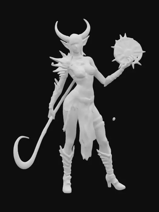 3D model for fantasy female humanoid creature, graceful and strong body curves, dressed in forged chains, holding a metal fan as a weapon, extremely detailed, high resolution texture, epic stance