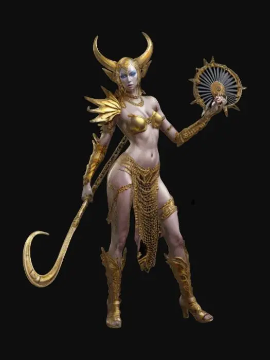 3D model for fantasy female humanoid creature, graceful and strong body curves, dressed in forged chains, holding a metal fan as a weapon, extremely detailed, high resolution texture, epic stance
