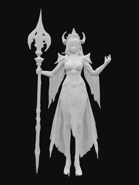 3D model for fantasy ice queen mage in high detail, spectacular body with graceful curves, dressed in a transparent ice costume or long dress, delicate face with ice eyes, holding an ice staff completely covered with icicles, extremely details, high resolution texture, epic stance