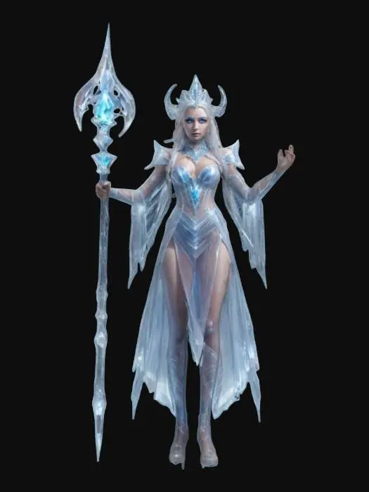 3D model for fantasy ice queen mage in high detail, spectacular body with graceful curves, dressed in a transparent ice costume or long dress, delicate face with ice eyes, holding an ice staff completely covered with icicles, extremely details, high resolution texture, epic stance
