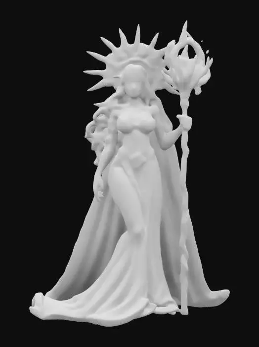 3D model for fantasy sunlight queen mage in high detail, perfect body with graceful curves, dressed in a transparent sunlight costume or long dress, delicate face with beautiful eyes, holding an moonshine  staff completely covered with sparkly fire crystals, extremely details, high resolution texture, epic stance, well lit, ultra realistic, wearing a sunlight crown, natural colors but slightly vibrant