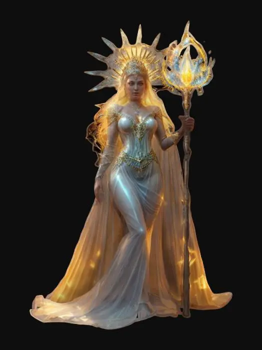 3D model for fantasy sunlight queen mage in high detail, perfect body with graceful curves, dressed in a transparent sunlight costume or long dress, delicate face with beautiful eyes, holding an moonshine  staff completely covered with sparkly fire crystals, extremely details, high resolution texture, epic stance, well lit, ultra realistic, wearing a sunlight crown, natural colors but slightly vibrant