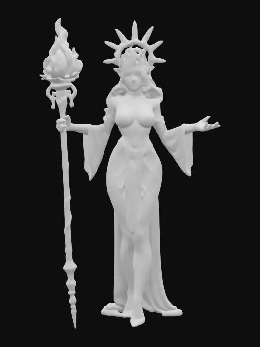 3D model for fantasy sunlight queen mage in high detail, perfect body with graceful curves, dressed in a transparent sunlight costume or long dress, delicate face with beautiful eyes, holding an moonshine  staff completely covered with sparkly fire crystals, extremely details, high resolution texture, epic stance, well lit, ultra realistic, wearing a sunlight crown, natural colors but slightly vibrant