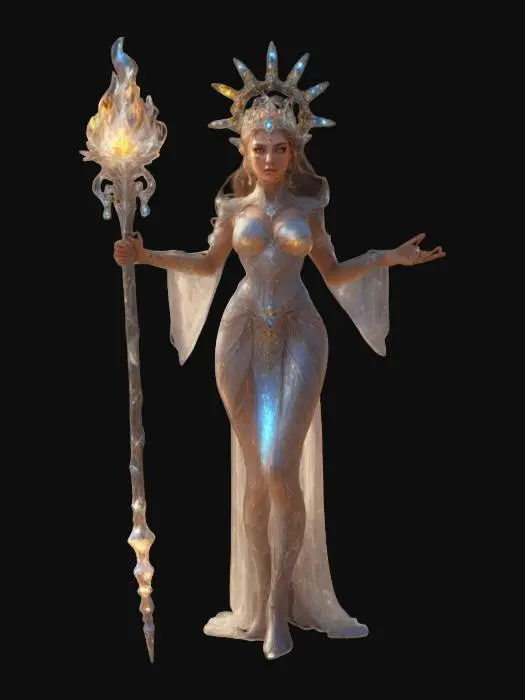 3D model for fantasy sunlight queen mage in high detail, perfect body with graceful curves, dressed in a transparent sunlight costume or long dress, delicate face with beautiful eyes, holding an moonshine  staff completely covered with sparkly fire crystals, extremely details, high resolution texture, epic stance, well lit, ultra realistic, wearing a sunlight crown, natural colors but slightly vibrant