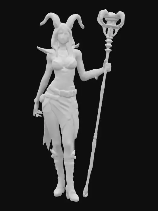 3D model for fantasy steampunk female sorceress, elegant thin body, body in torn clothes covered with steampunk elements (alarms and devices), twisted staff made of pipes in hand, rough face but delicate features, extremely detailed, high resolution texture, epic stance