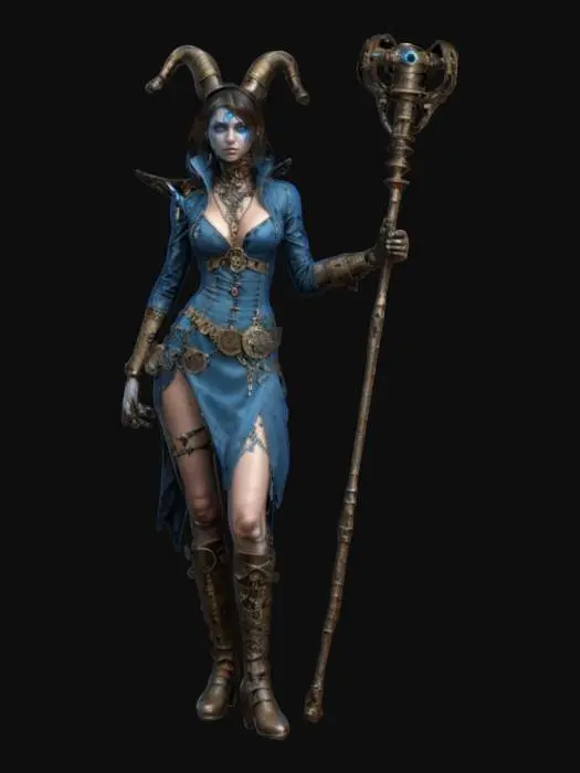 3D model for fantasy steampunk female sorceress, elegant thin body, body in torn clothes covered with steampunk elements (alarms and devices), twisted staff made of pipes in hand, rough face but delicate features, extremely detailed, high resolution texture, epic stance