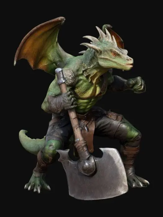 3D model for fantasy extremely detailed dragon lizard with orc warrior body in crouching position, in leather clothing with axe, in attack, extremely detailed, high resolution texture, epic stance