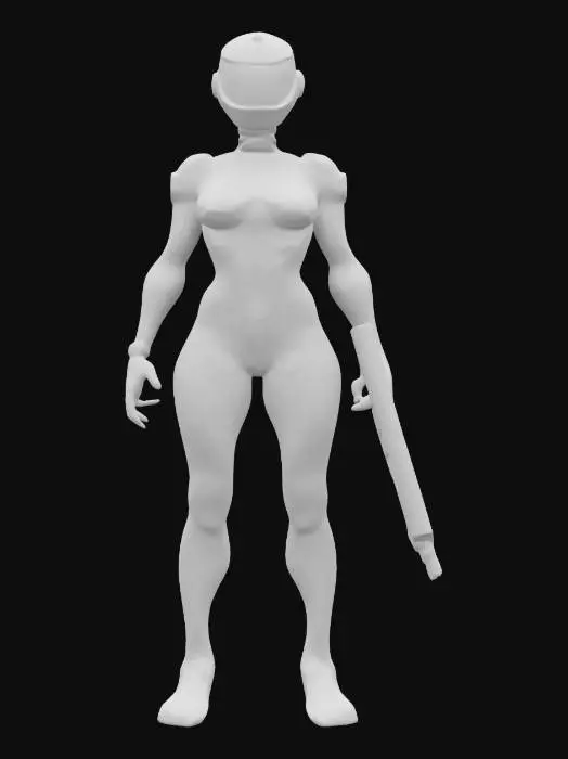 3D model for sci-fi cyber humanoid bounty hunter, elegant body structure, tight clothing or light spacesuit on the body, bright glowing effect around the body as if he had just teleporting, standing still, sci-fi weapon in hand, robotic but human face, extremely details, high resolution texture, epic stance
