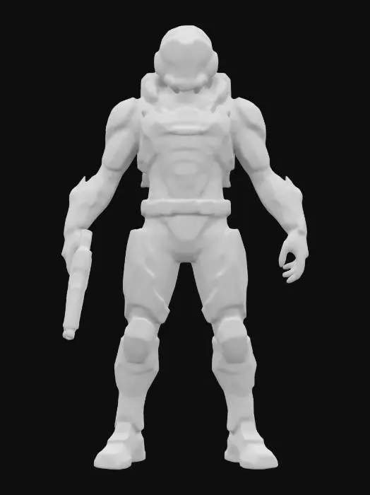 3D model for sci-fi cyber humanoid bounty hunter, elegant body structure, tight clothing or light spacesuit on the body, bright glowing effect around the body as if he had just teleporting, standing still, sci-fi weapon in hand, robotic but human face, extremely details, high resolution texture, epic stance