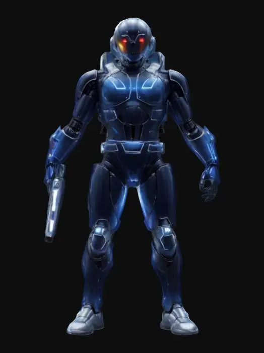 3D model for sci-fi cyber humanoid bounty hunter, elegant body structure, tight clothing or light spacesuit on the body, bright glowing effect around the body as if he had just teleporting, standing still, sci-fi weapon in hand, robotic but human face, extremely details, high resolution texture, epic stance
