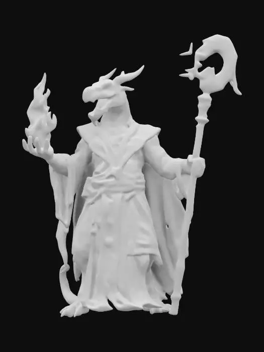 3D model for fantasy old dragon mage in high detail, massive upright body, old magic staff in hand, other hand casting scary spell, dressed in old robes outlined with magic symbols, open roaring mouth full of teeth, shining bright eyes, extremely detailed, high resolution texture, epic stance