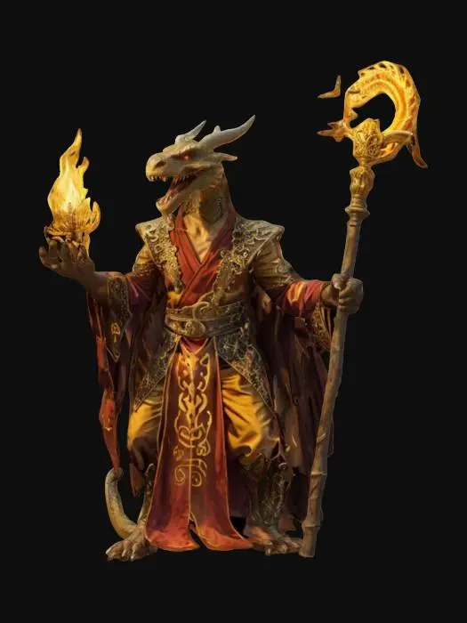 3D model for fantasy old dragon mage in high detail, massive upright body, old magic staff in hand, other hand casting scary spell, dressed in old robes outlined with magic symbols, open roaring mouth full of teeth, shining bright eyes, extremely detailed, high resolution texture, epic stance