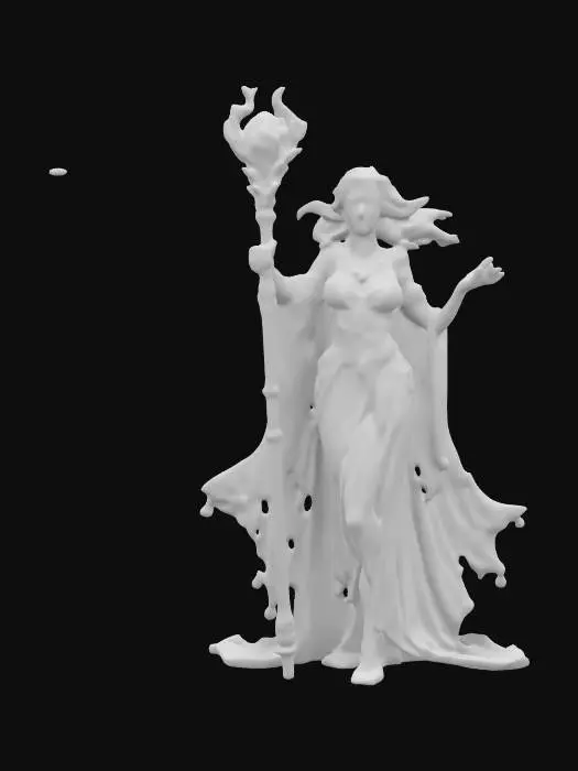 3D model for fantasy female mage in high detail, elegant body with full curves, magic staff in hand, other hand casting a spell, scantily clad dressed in elegant robe lined with magic symbols, still young looking face, shining bright eyes, extremely detailed, high resolution texture, epic stance
