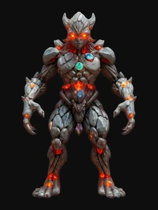 3D model for fantasy stone elemental ve velkém detailu, z různě velkých kamenů poskládané humanoidní tělo, jenotlivé kameny levitující vedle sebe, v obličeji jasně zářící oči, mohutný postoj, mezi spoji kamenů je jasně znatelná světelkující energie, některé z kamenů jsou průhledné krystaly, extremely details, high resolution texture, epic stance