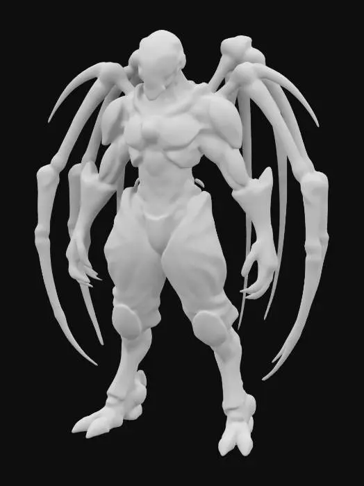 3D model for sci-fi fantasy robotic spider humanoid creature, spider body and humanoid like structure, terrifying expression, spider in attack, clawed limbs, covered in torn clothes, extremely details, high resolution texture, epic stance