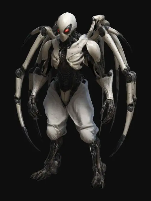 3D model for sci-fi fantasy robotic spider humanoid creature, spider body and humanoid like structure, terrifying expression, spider in attack, clawed limbs, covered in torn clothes, extremely details, high resolution texture, epic stance