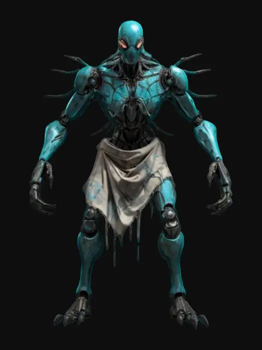 3D model for sci-fi fantasy robotic spider humanoid creature, spider body and humanoid like structure, terrifying expression, spider in attack, clawed limbs, covered in torn clothes, extremely details, high resolution texture, epic stance