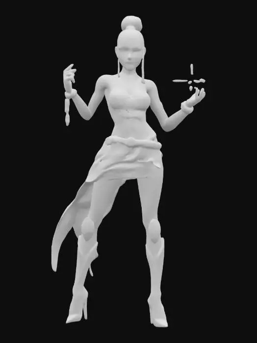 3D model for sci-fi war female dancer in high detail, thin graceful body, tight clothing on the body, short skirt or sci-fi-sport clothing, in the hands of a battle star, gentle and sweet face, groomed hair, in motion, extremely detailed, high resolution texture, epic stance