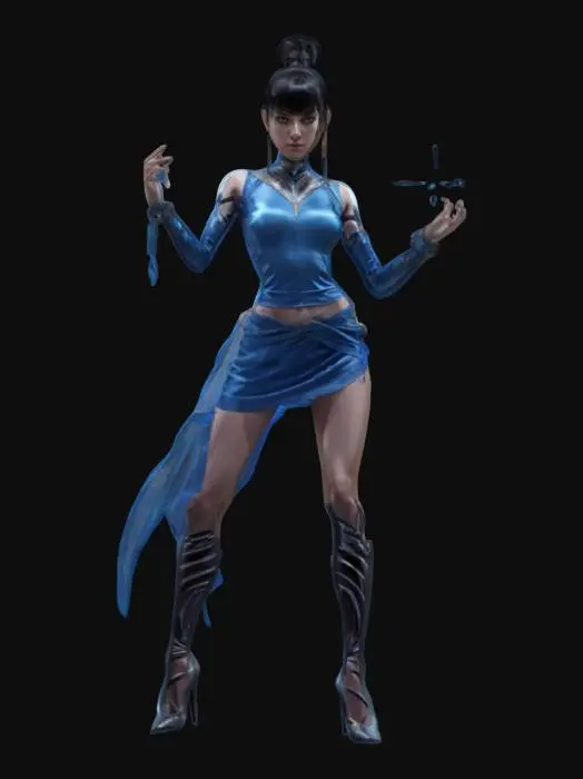3D model for sci-fi war female dancer in high detail, thin graceful body, tight clothing on the body, short skirt or sci-fi-sport clothing, in the hands of a battle star, gentle and sweet face, groomed hair, in motion, extremely detailed, high resolution texture, epic stance