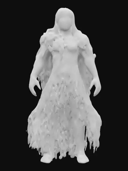 3D model for fantasy humanoid ghost levitating in air, unconnected energy bubbles floating in the air next to each other and forming a ghost, plasma bubbles are transparent, face consisting only of eye sockets and an open mouth full of energy teeth, individual bubbles radiate energy and illuminate the body around, extremely details, high resolution texture, epic stance