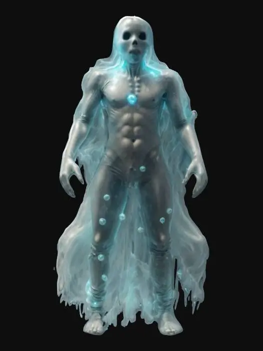 3D model for fantasy humanoid ghost levitating in air, unconnected energy bubbles floating in the air next to each other and forming a ghost, plasma bubbles are transparent, face consisting only of eye sockets and an open mouth full of energy teeth, individual bubbles radiate energy and illuminate the body around, extremely details, high resolution texture, epic stance