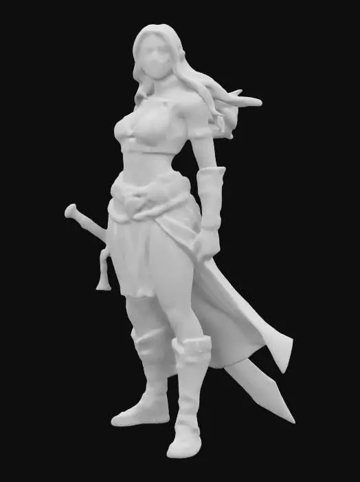 3D model for fantasy female barbarian, massive body but graceful curves, body dressed in simple robes, leather armor, tough but pretty face, in attack, holding a massive sword in her hand, extremely detailed, high resolution texture, epic proud stance