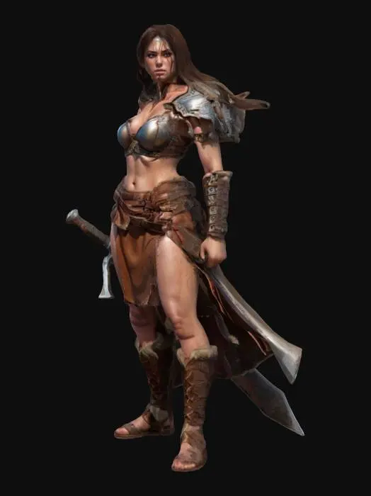 3D model for fantasy female barbarian, massive body but graceful curves, body dressed in simple robes, leather armor, tough but pretty face, in attack, holding a massive sword in her hand, extremely detailed, high resolution texture, epic proud stance