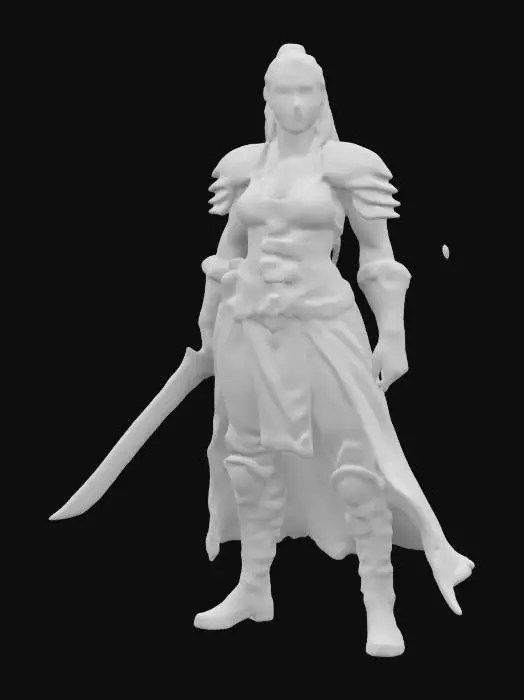 3D model for fantasy female barbarian, massive body but graceful curves, body dressed in simple robes, leather armor, tough but pretty face, in attack, holding a massive sword in her hand, extremely detailed, high resolution texture, epic proud stance