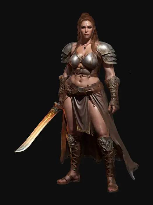 3D model for fantasy female barbarian, massive body but graceful curves, body dressed in simple robes, leather armor, tough but pretty face, in attack, holding a massive sword in her hand, extremely detailed, high resolution texture, epic proud stance