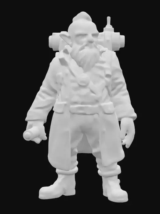 3D model for fantasy old hunched repairman in steampunk style, old hunched body, holding tools in his hand, technological backpack on his back, old gloomy face but still with a sparkle in his eyes, dressed in steampunk clothing, extremely details, high resolution texture, epic stance