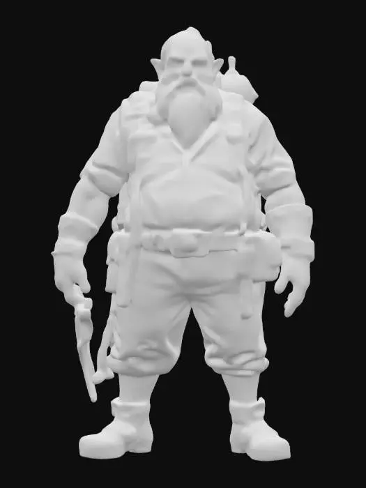 3D model for fantasy old hunched repairman in steampunk style, old hunched body, holding tools in his hand, technological backpack on his back, old gloomy face but still with a sparkle in his eyes, dressed in steampunk clothing, extremely details, high resolution texture, epic stance