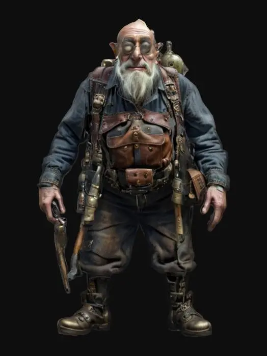 3D model for fantasy old hunched repairman in steampunk style, old hunched body, holding tools in his hand, technological backpack on his back, old gloomy face but still with a sparkle in his eyes, dressed in steampunk clothing, extremely details, high resolution texture, epic stance