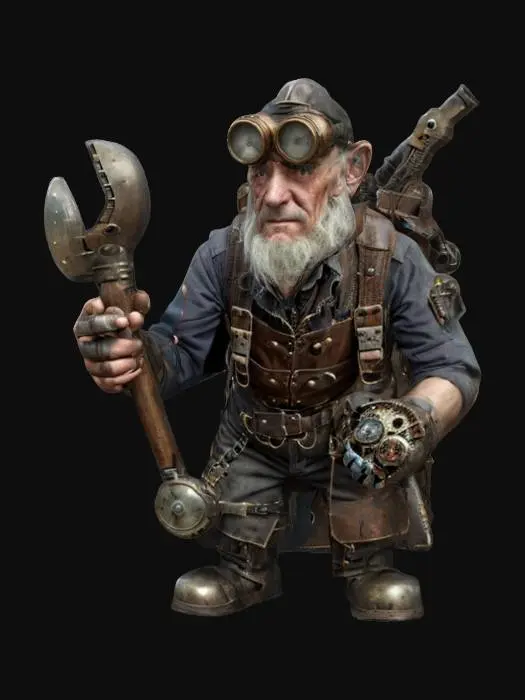 3D model for fantasy old hunched repairman in steampunk style, old hunched body, holding tools in his hand, technological backpack on his back, old gloomy face but still with a sparkle in his eyes, dressed in steampunk clothing, extremely details, high resolution texture, epic stance