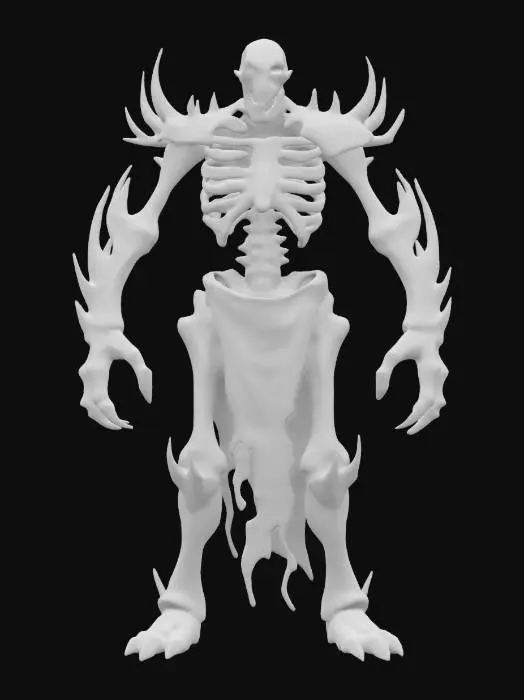 3D model for fantasy dark bone demon, tall powerful bony body, armor and torn rags of clothing fluttering in the wind, in attack, terrifying face, hands reaching forward, along the body of a barbed spike, extremely details, high resolution texture, epic stance