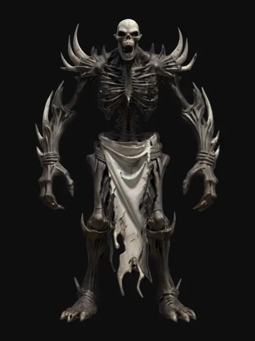 3D model for fantasy dark bone demon, tall powerful bony body, armor and torn rags of clothing fluttering in the wind, in attack, terrifying face, hands reaching forward, along the body of a barbed spike, extremely details, high resolution texture, epic stance