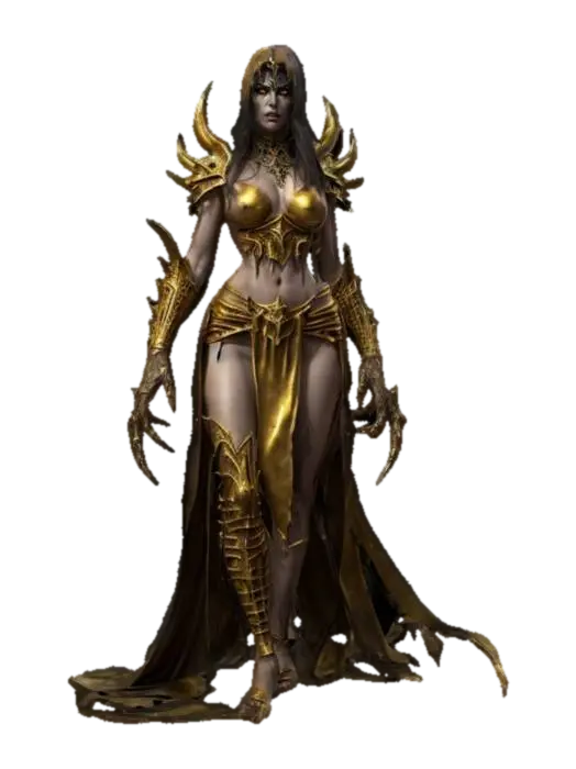 fantasy female chaos hell priestess, tall strong but elegant body, torn clothes,… - Terrifying 3D model, vytvořený pomocí AI