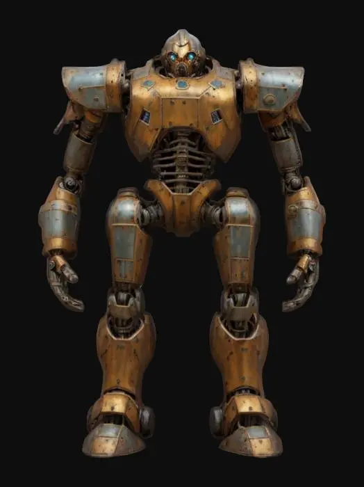 3D model for fantasy mechanical robot, tall strong body, made according to the plans of dwarven technologists, small head, massive arms and legs, entire body covered in metal plating, extremely details, high resolution texture, epic stance