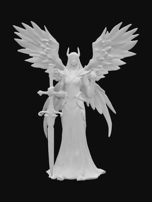 3D model for fantasy female gothic dark angel, tall and elegant body, beautiful wings, elegant clothes with epic patterns, upright and proud stance, delicate and beautiful face, with or without a weapon in hand, extremely details high resolution texture, epic stance