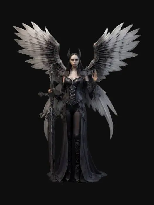 3D model for fantasy female gothic dark angel, tall and elegant body, beautiful wings, elegant clothes with epic patterns, upright and proud stance, delicate and beautiful face, with or without a weapon in hand, extremely details high resolution texture, epic stance