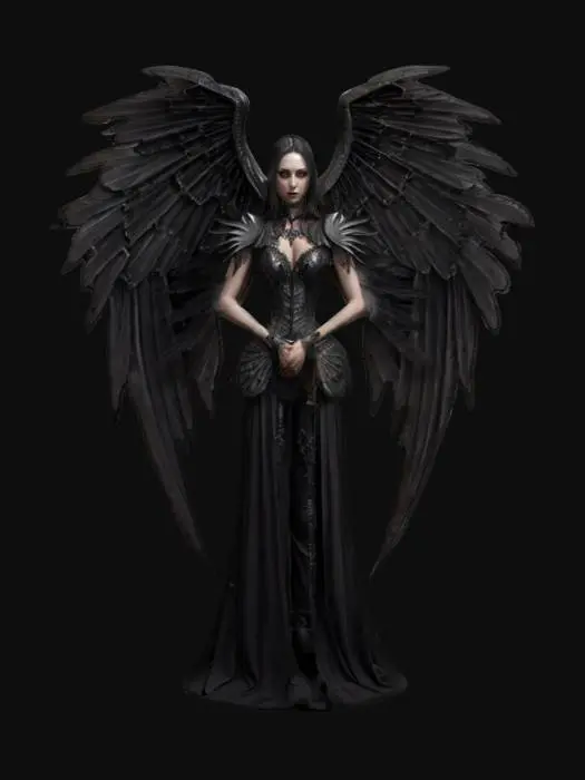 3D model for fantasy female gothic dark angel, tall and elegant body, beautiful wings, elegant clothes with epic patterns, upright and proud stance, delicate and beautiful face, with or without a weapon in hand, extremely details high resolution texture, epic stance