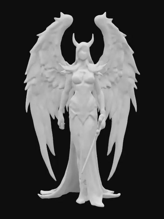 3D model for fantasy female gothic dark angel, tall and elegant body, beautiful wings, elegant clothes with epic patterns, upright and proud stance, delicate and beautiful face, with or without a weapon in hand, extremely details high resolution texture, epic stance