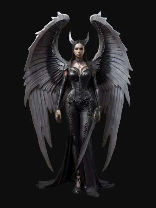 3D model for fantasy female gothic dark angel, tall and elegant body, beautiful wings, elegant clothes with epic patterns, upright and proud stance, delicate and beautiful face, with or without a weapon in hand, extremely details high resolution texture, epic stance