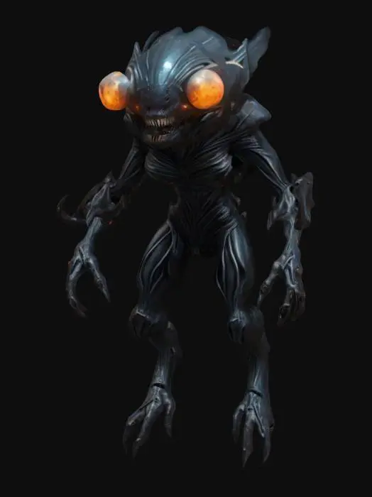 3D model for sci-fi creature from another world with tall body, has multiple limbs and uses all limbs to move, floats in the air, body has graceful shapes and is partially dressed in a special glowing spacesuit, huge jaw in attack, terrifying expression, some limbs hold strange balls, extremely details, high resolution texture, epic stance